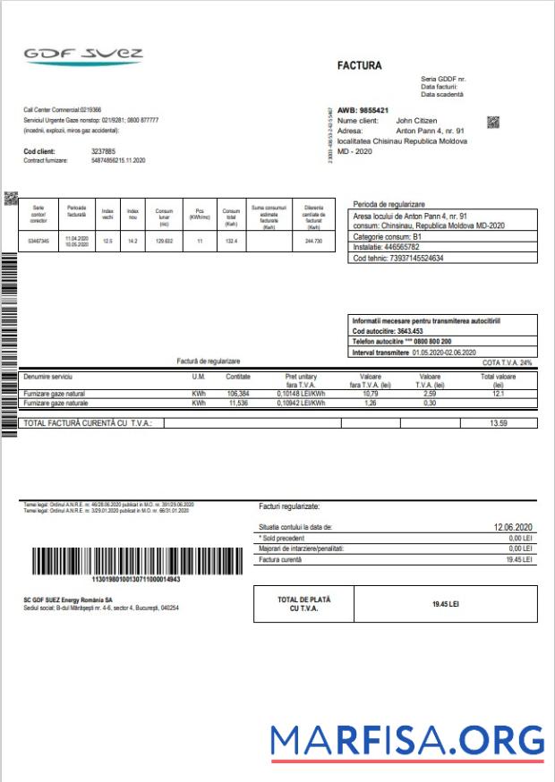Downloadable Moldova Gas utility bill template in Word and PDF format